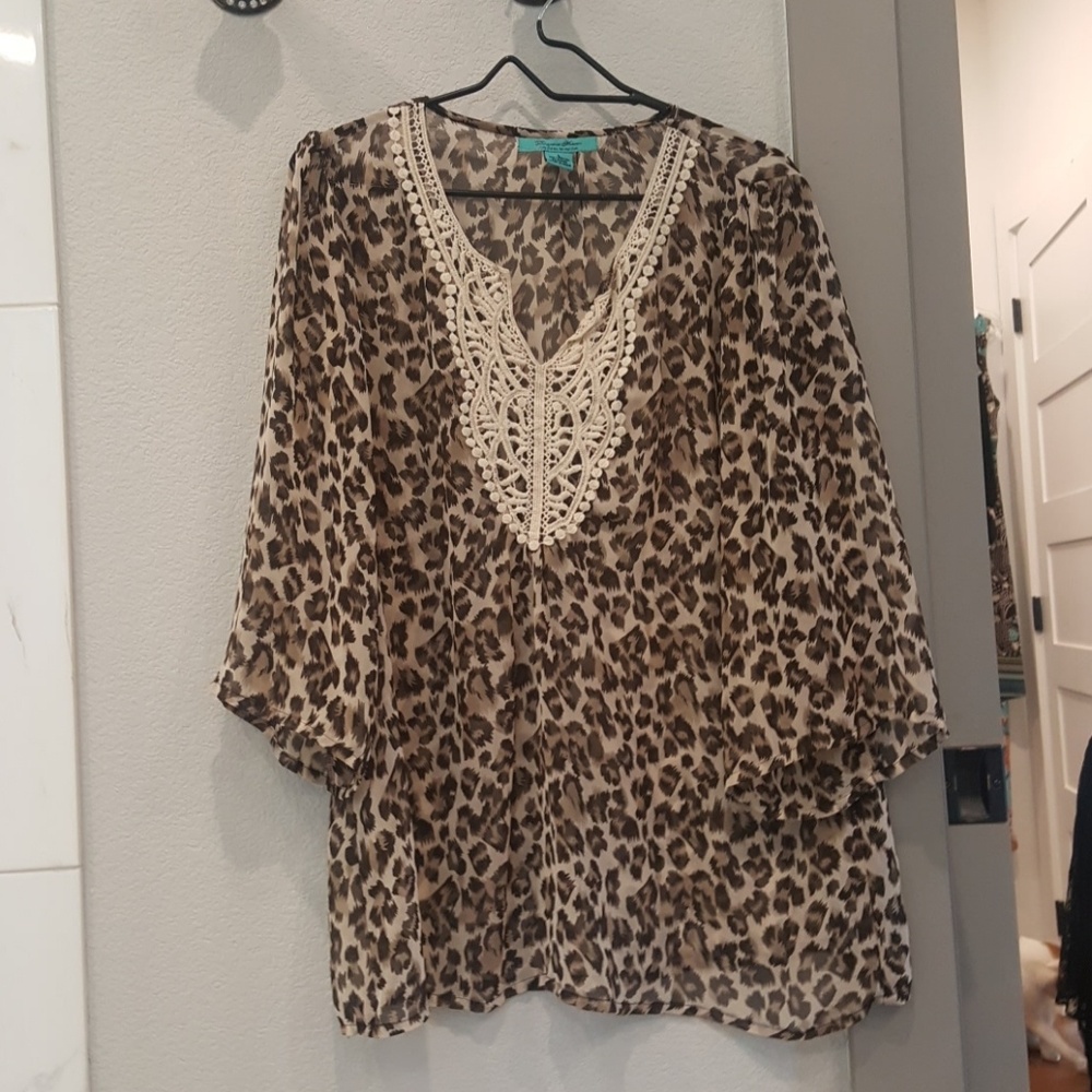 Cheetah, silky, lace neckline blouse